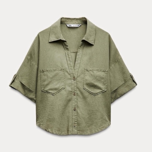Zara Khaki Green button down short sleeve shirt - Picture 2 of 7